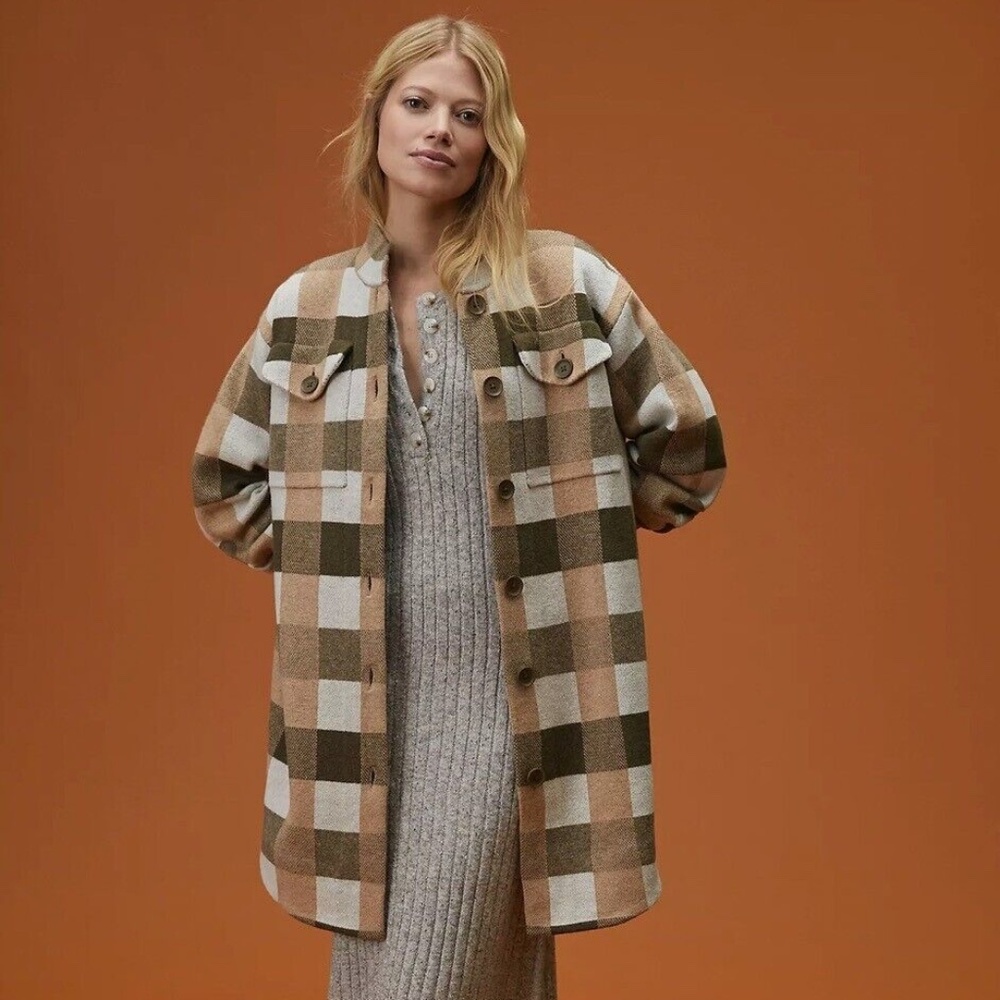 Anthropologie Field Flower  Plaid Wool Sweater Coat Size Small